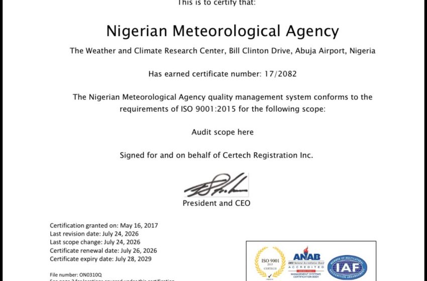  NiMet Achieves ISO 9001: 2015 Certification for Aeronautical Meteorological Services at Yola, Osubi and Owerri Airports   